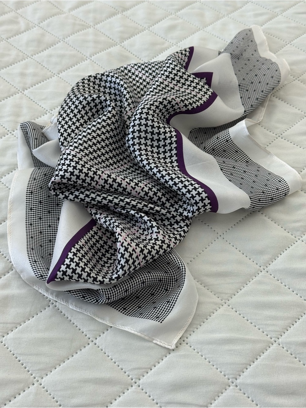 100% Silk Square Scarf Black White Houndstooth Plaid Purple 25”